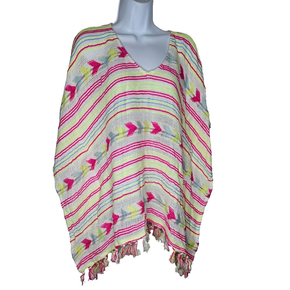 Billabong Neon Stripe Poncho‎ S Boho Fringe Beach Cover Up Resort  Color Pop